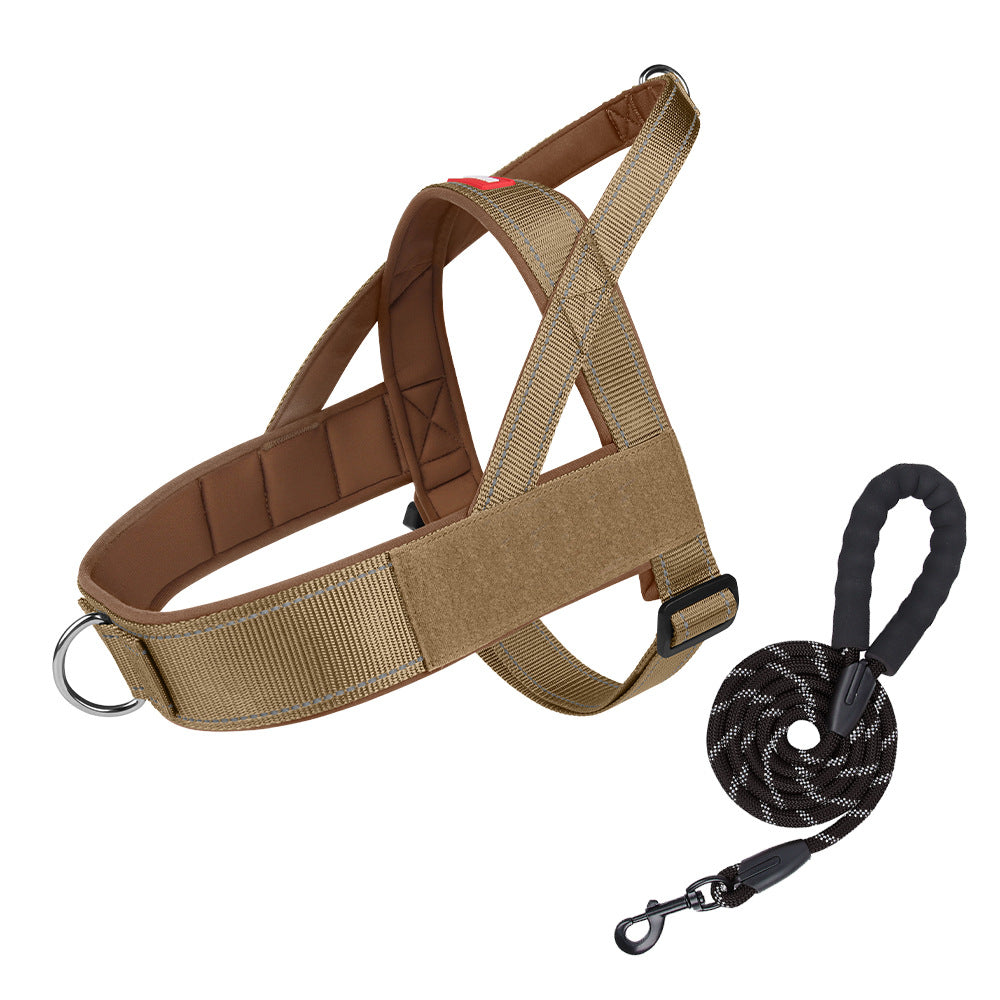 Brown dog harness and leash set on a white background