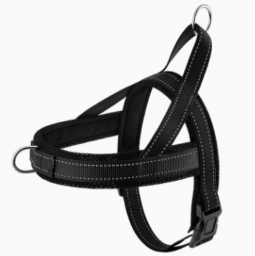 Black dog harness with white stitching on a white background, featuring the Cocobuddy brand.